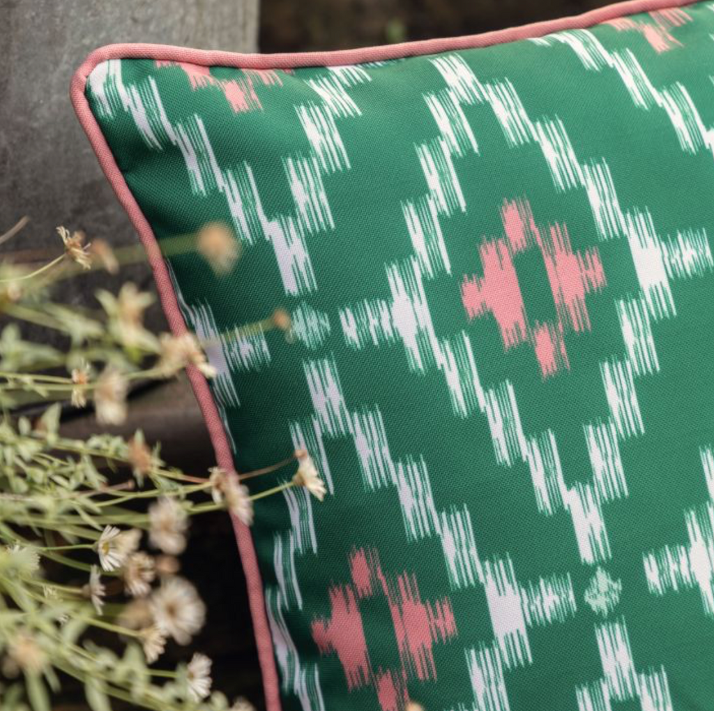 Set of 2 Green & Coral Geo Diamond Outdoor Cushions H:45cm x W:45cm