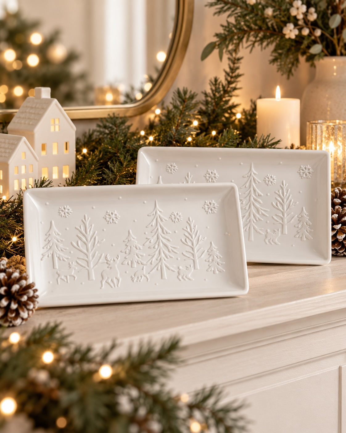 White Christmas decorative plates styled with greenery and candlelight