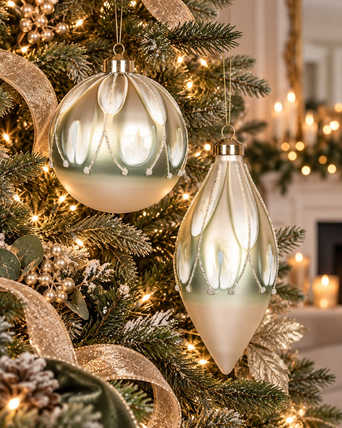 Two elegant Christmas tree ornaments hanging on a decorated evergreen tree with warm lights and gold ribbons. One ornament is a large round ball with a frosted pearlescent finish and etched petal-like patterns, and the other is a teardrop-shaped ornament with a similar pearlescent surface and gold cap.