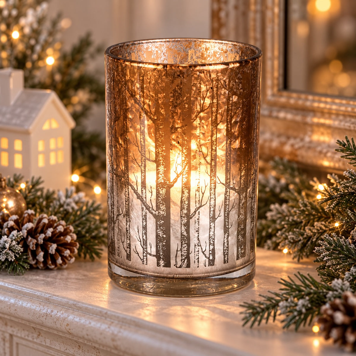 A lit glass candle holder with a printed forest of birch trees design, set on a holiday mantel with pinecones, evergreen branches, and warm string lights.