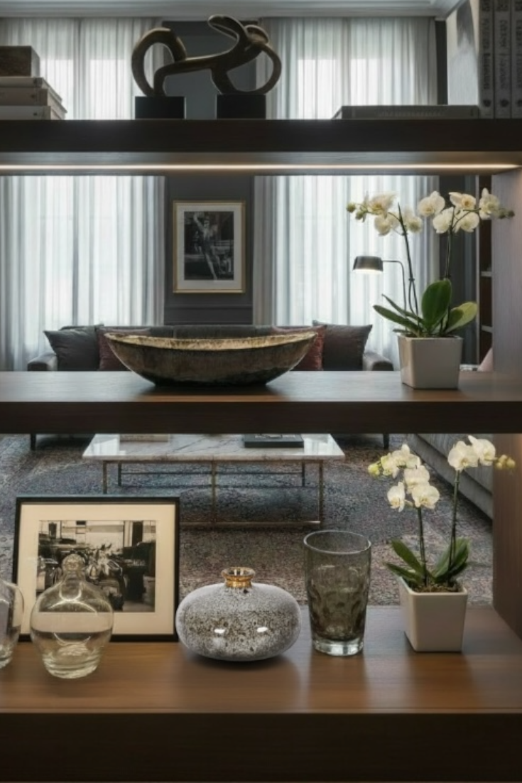 Modern living room with decorative items on a book case