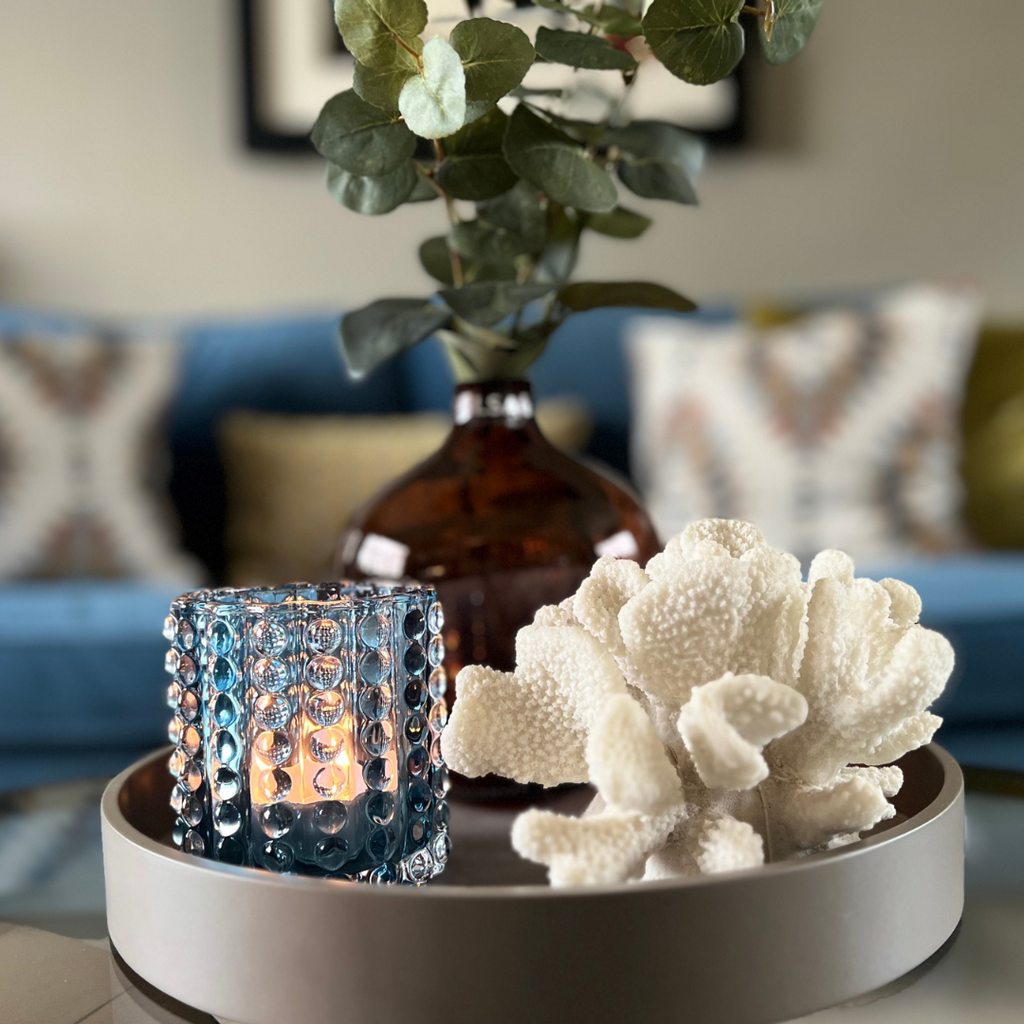 dotted blue bobble candle holder on round pre styled tray Elm and Grey