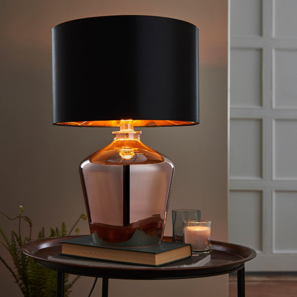 Copper table lamp base with blakc velvet shade Waldorf Endon Copper Lamp Lifestyle Lit