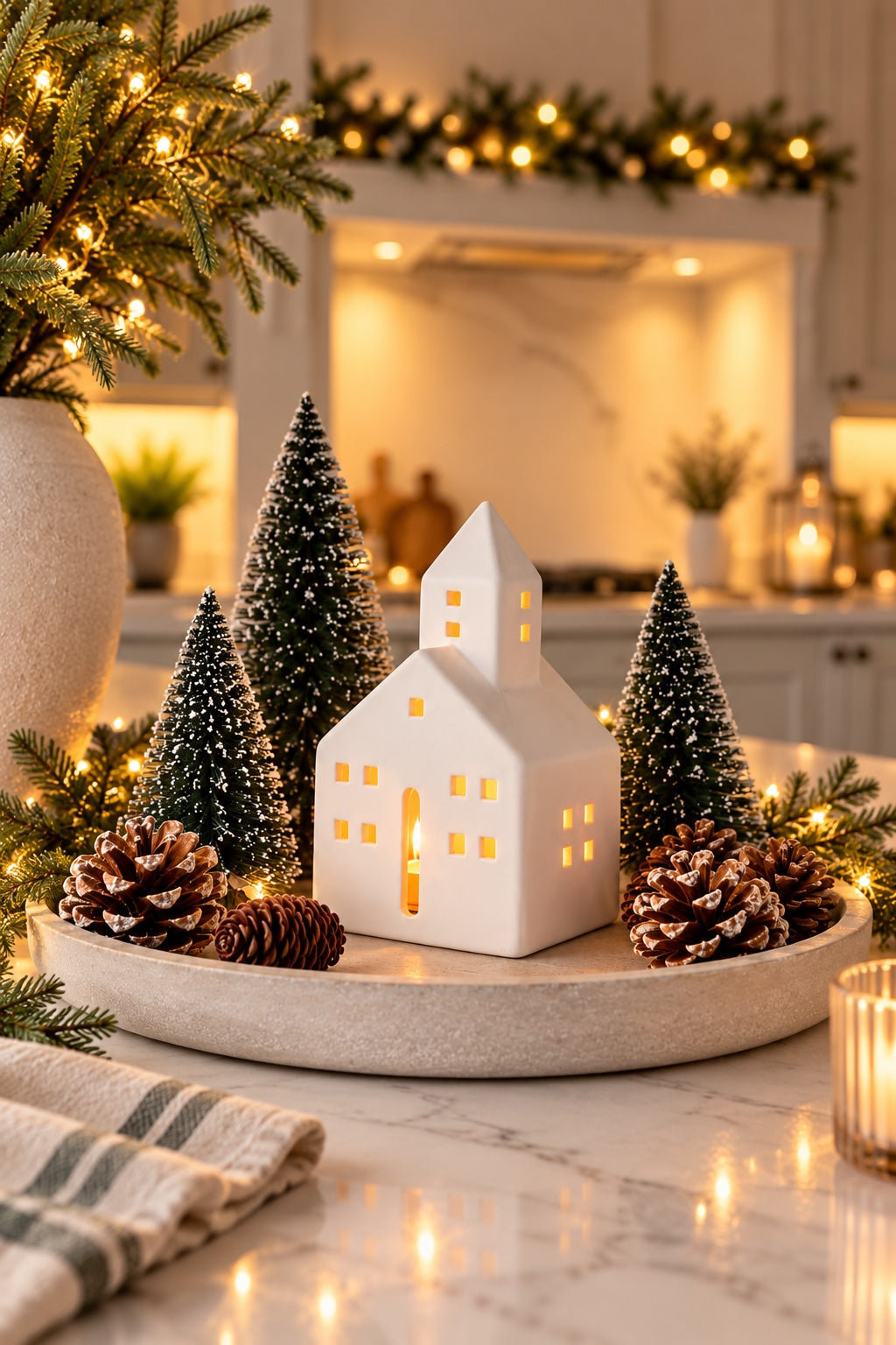 White ceramic Town Hall tealight holder glowing in a festive display