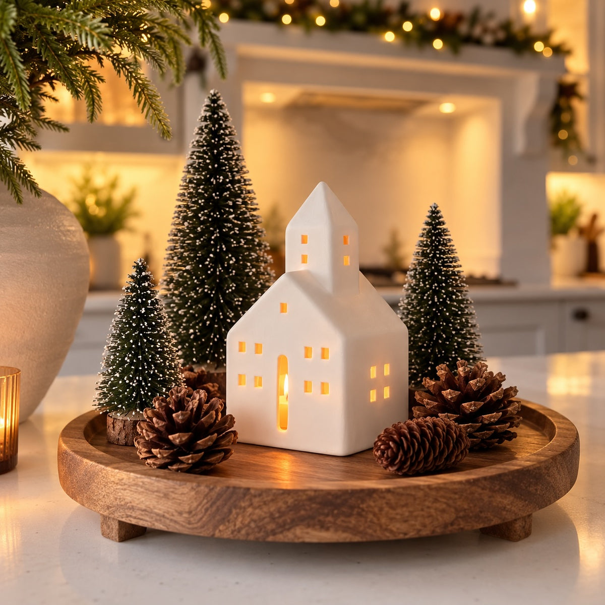 A white ceramic Christmas house candle holder with warm glowing windows, surrounded by four small frosted Christmas trees and pinecones on a round wooden tray, set on a kitchen counter.