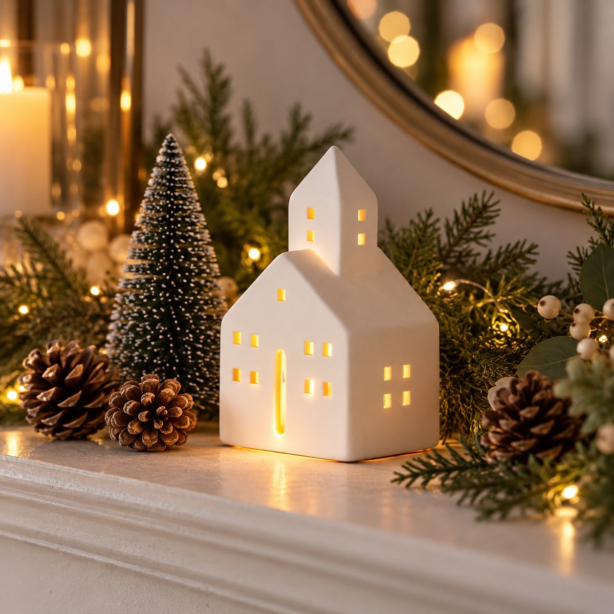 White ceramic Town Hall tealight holder glowing in a festive display