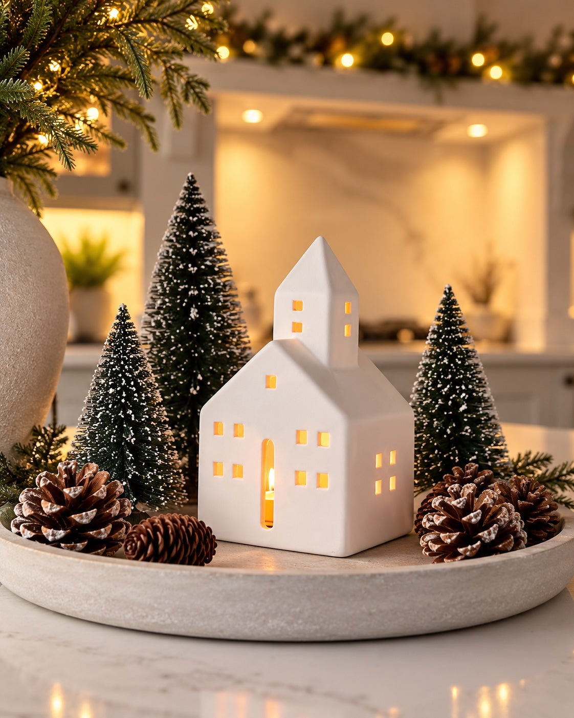 A white ceramic Christmas church house candle holder with glowing warm lights, surrounded by small frosted Christmas trees, pinecones, and a light stone tray on a countertop in a softly lit holiday kitchen setting.