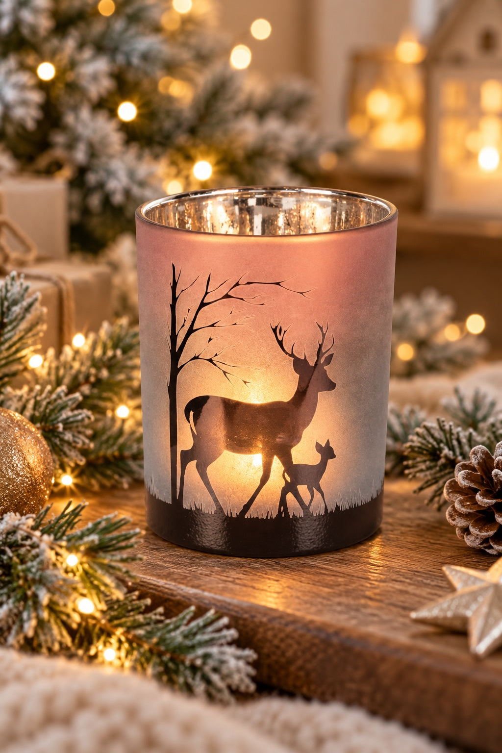 A frosted glass candle holder with a silhouette of a deer and tree design, lit with a warm glow, set on a wooden surface surrounded by festive Christmas decorations.