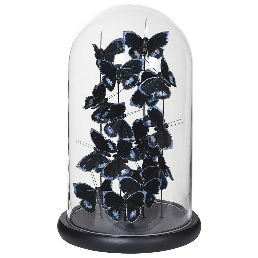 Black and Silver Faux Butterflies in Glass Dome