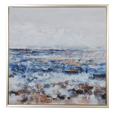 Abstract coastal canvas art with gold frame showcasing an artistic representation of a misty seaside view with brushstrokes in blue, grey, and earth tones, Elm & Grey.