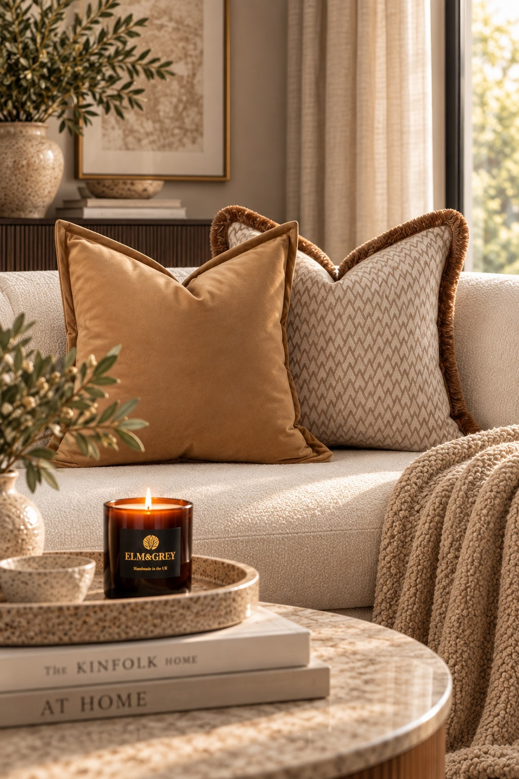Bay and Amber two-piece curated cushion duo in neutral geometric fabric and golden velvet
