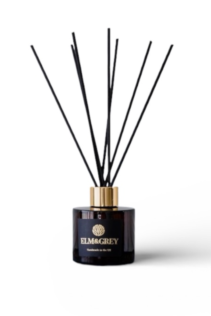 Elm & Grey diffuser with black reeds on a white background