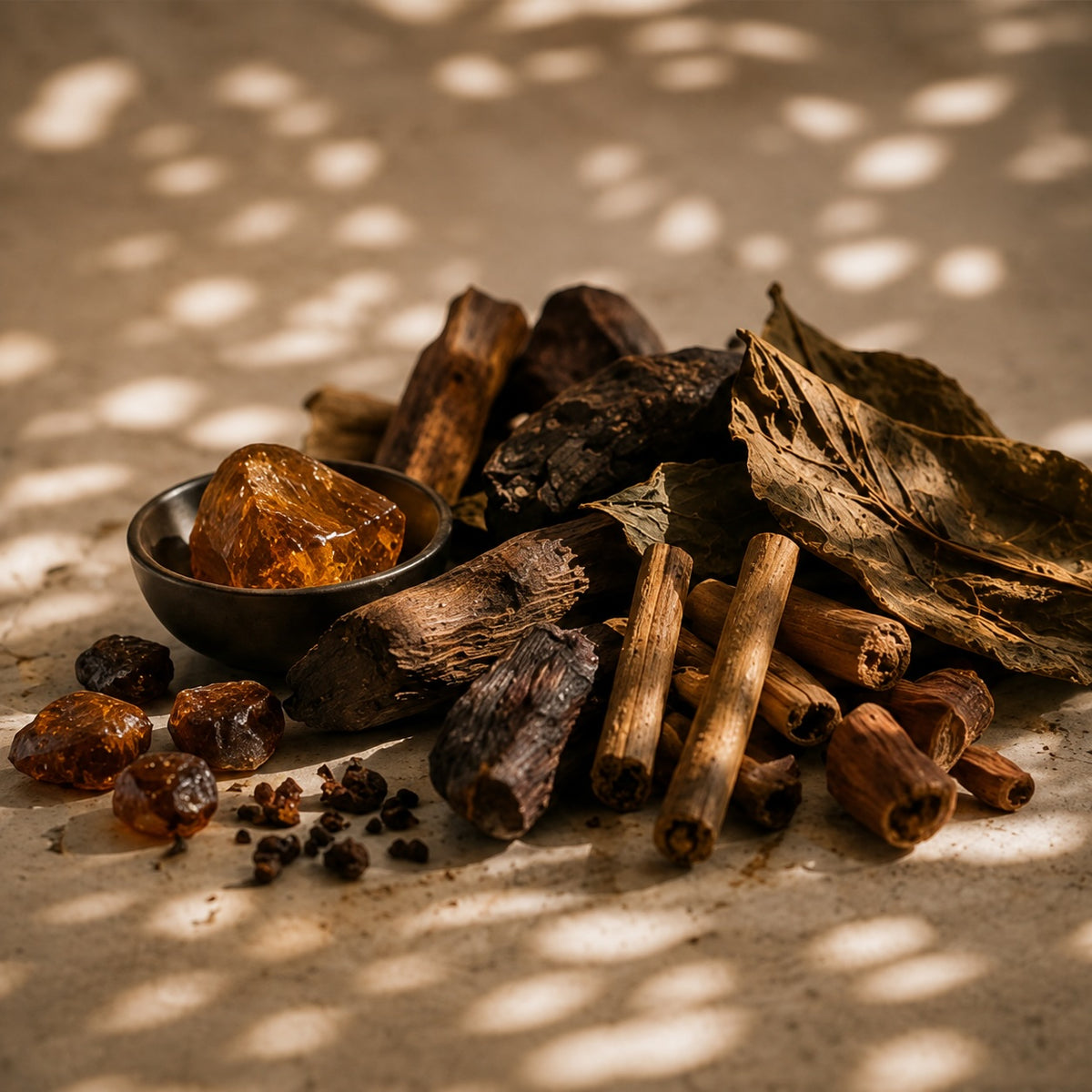 Amber resin, warm woods and cinnamon illustrating the rich, resinous notes of Elm & Grey amber fragrances
