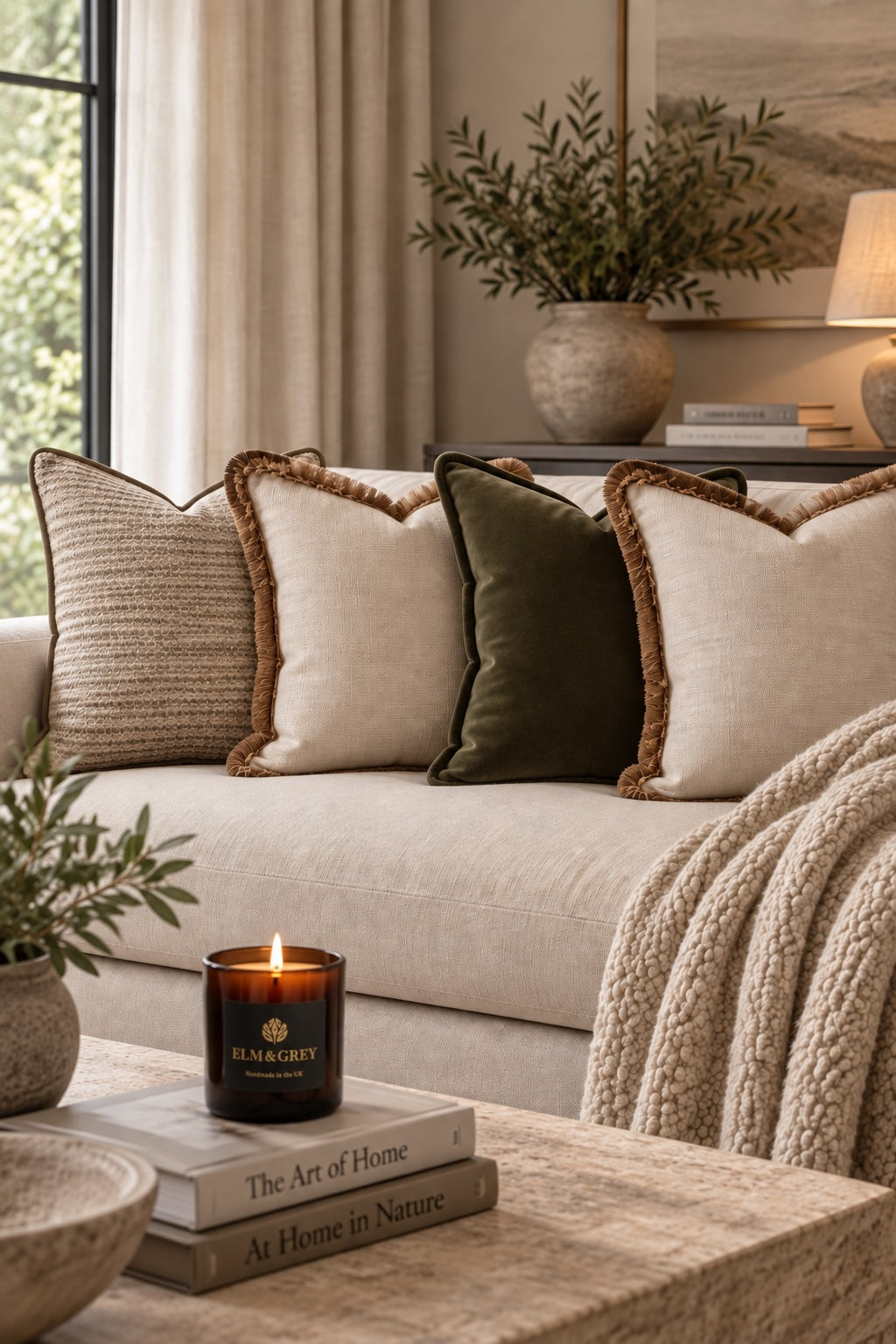 Warm neutral living room with cream sofa styled with taupe, fringed cream and deep olive cushions, a chunky textured throw and a lit Elm & Grey amber candle on a stone coffee table.
