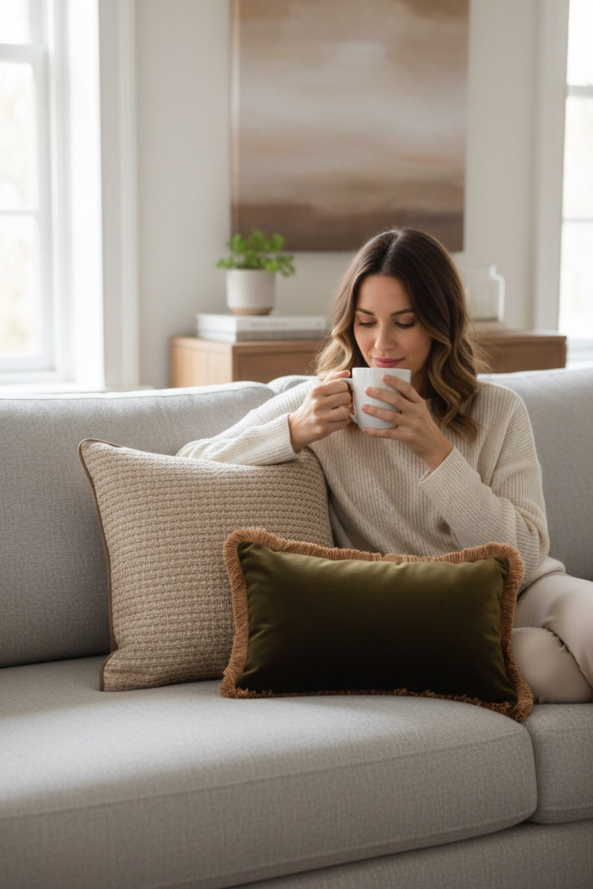 Anise & Juniper Green Luxury Cushion Duo – Textured Woven & Velvet Lumbar Set