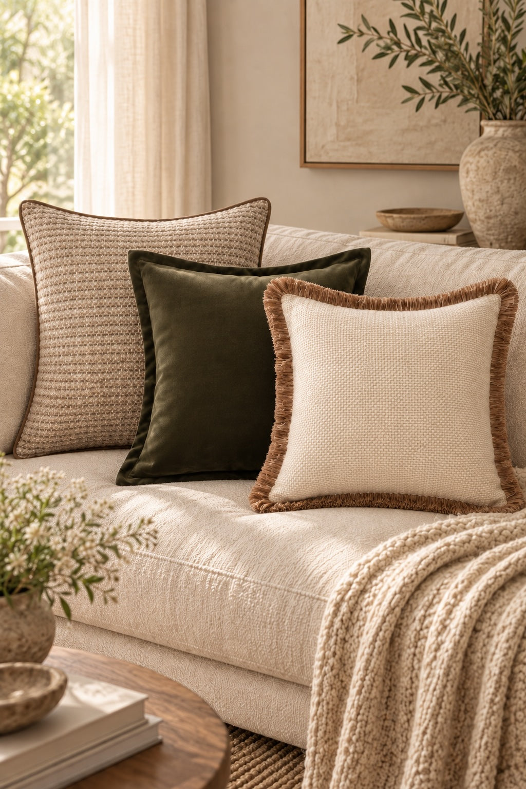 Warm neutral sofa styled with three 50cm cushions in taupe texture, deep olive velvet and cream with brown fringe, layered with a chunky throw and natural accessories.