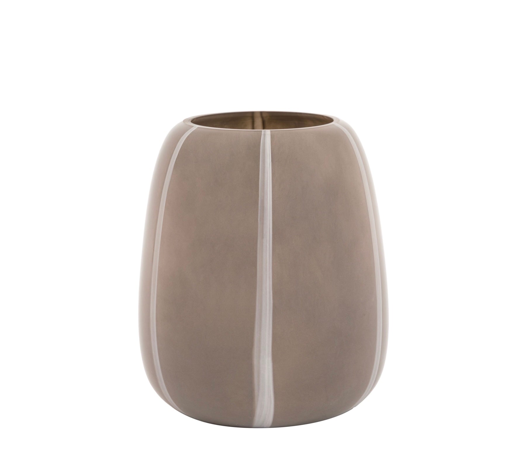 Decorative taupe stripe glass vase with a two-tone design on a white background