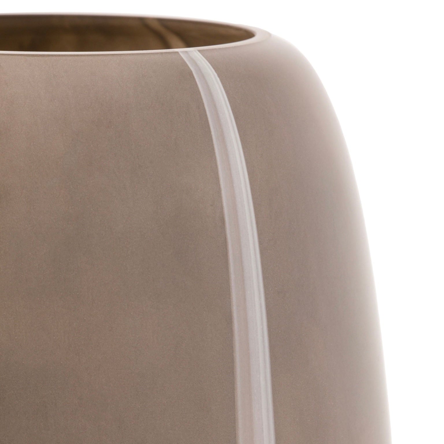 Close-up of a taupe glass vase with a white stripe on a white background