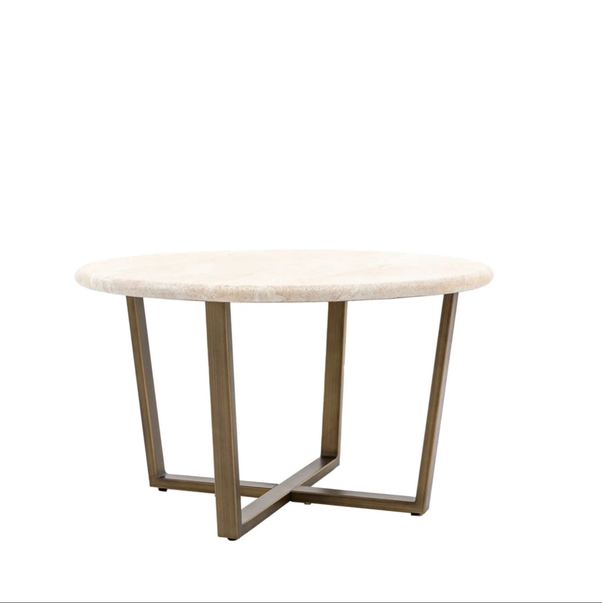 Round travertine effect coffee table with brass metal legs on a white background