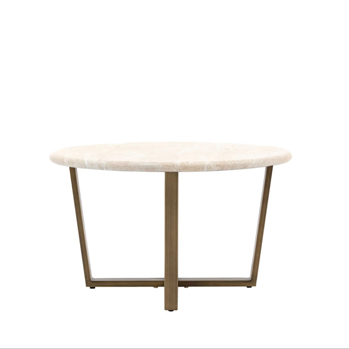 Round travertine effect coffee table with brass metal legs on a white background