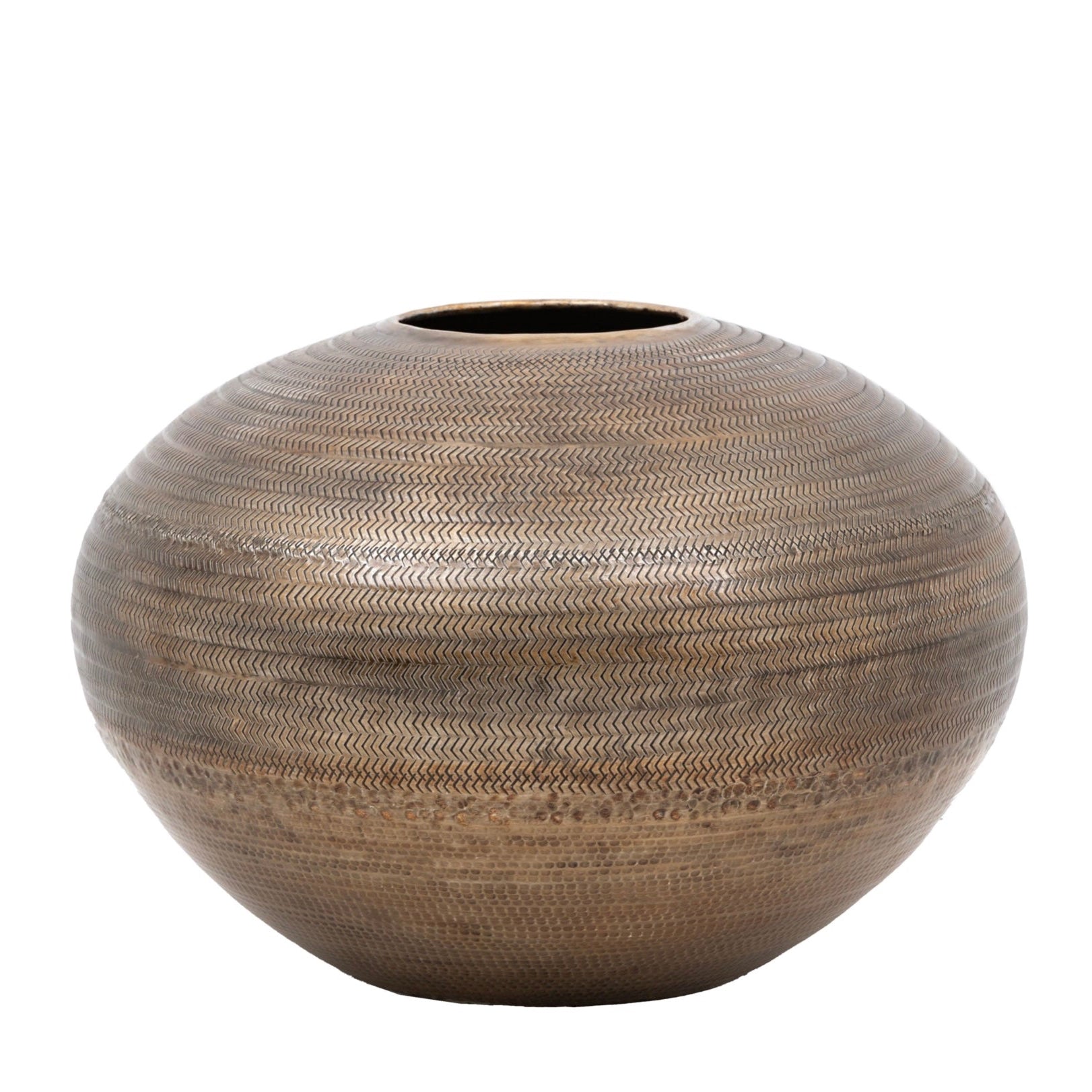 Decorative antiqued brass vase with textured surface on a white background