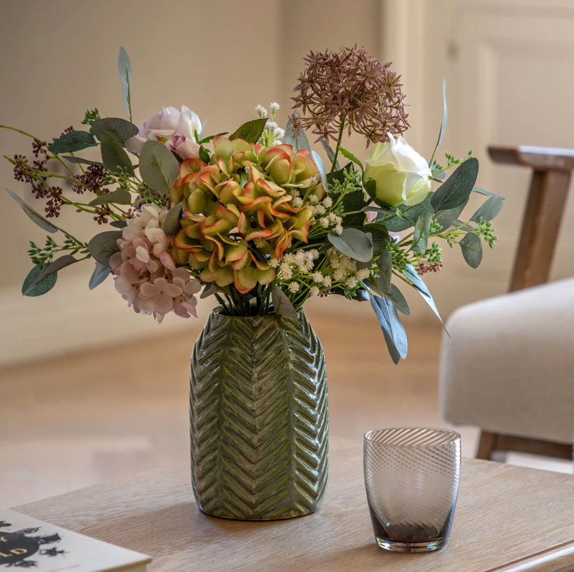 Autumn Hydrangea Arrangement in Ceramic Chevron Vase – Faux Floral Display