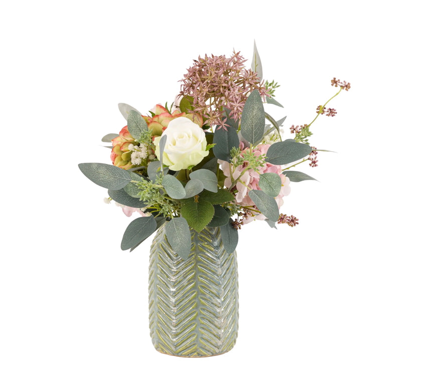Autumn Hydrangea Arrangement in Ceramic Chevron Vase – Faux Floral Display
