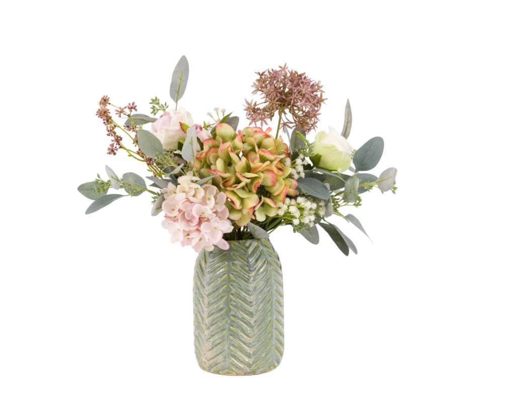 Autumn Hydrangea Arrangement in Ceramic Chevron Vase – Faux Floral Display