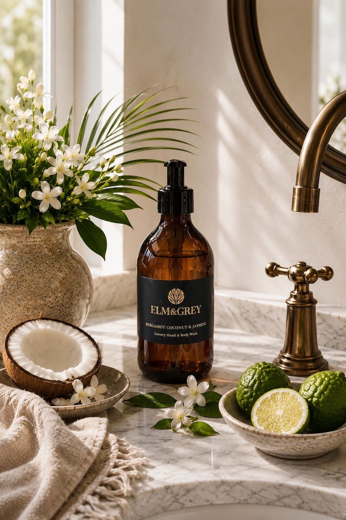 Elm & Grey Bergamot Coconut & Jasmine luxury scented hand wash in a bright sunlit interior with coconut, citrus and jasmine botanicals, inspired by fresh uplifting home fragrance rituals.