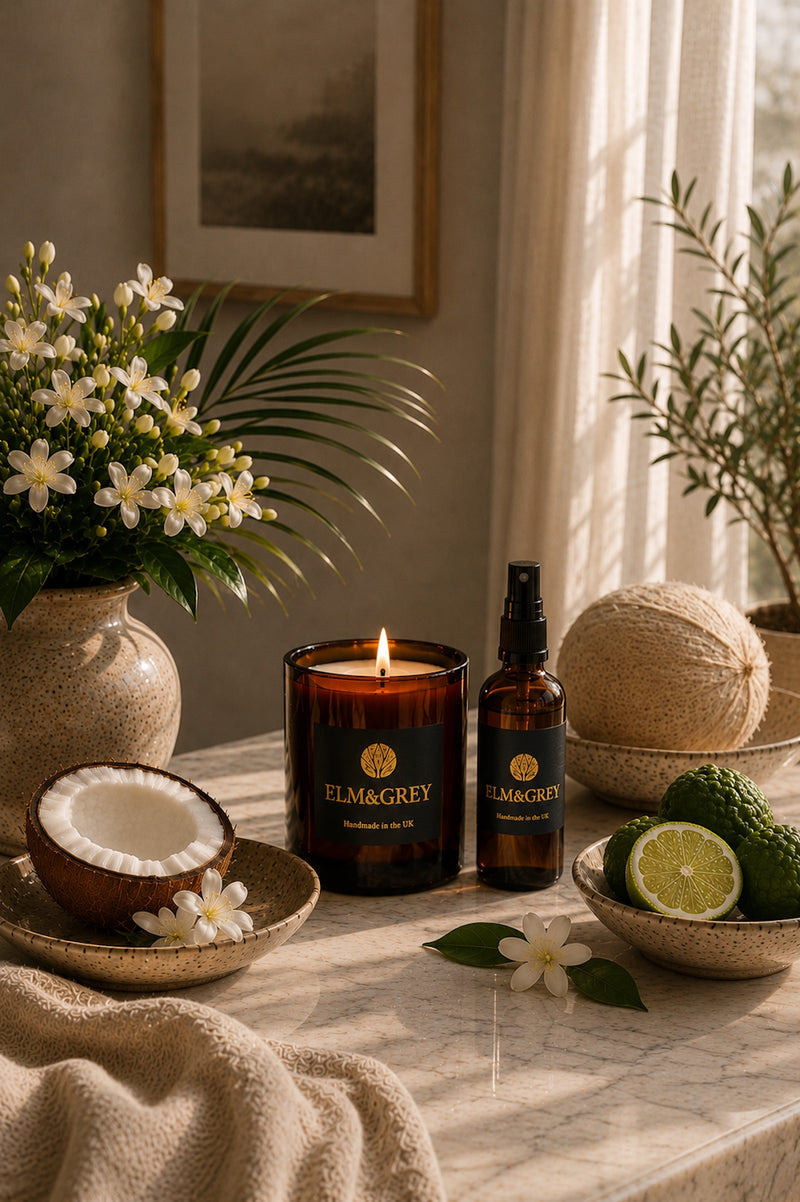 Elm & Grey Bergamot Jasmine & Coconut  luxury scented candle and room spray  in a bright sunlit interior with coconut, citrus and jasmine botanicals, inspired by fresh uplifting home fragrance rituals.