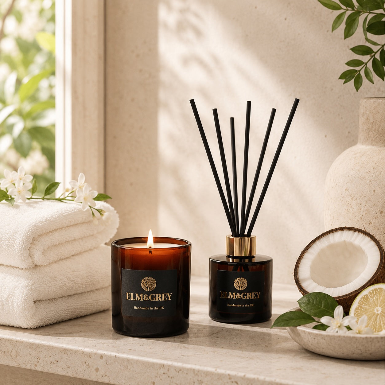 Elm & Grey Bergamot Jasmine & Coconut home fragrance styled in a calm luxurious interior