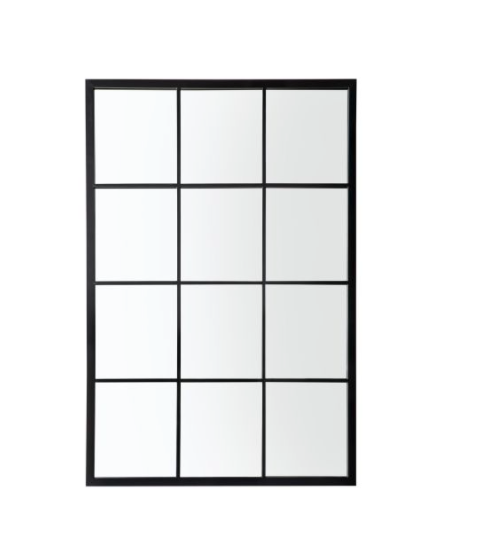 A sleek black framed wall-mounted mirror with a grid of clear glass panels.