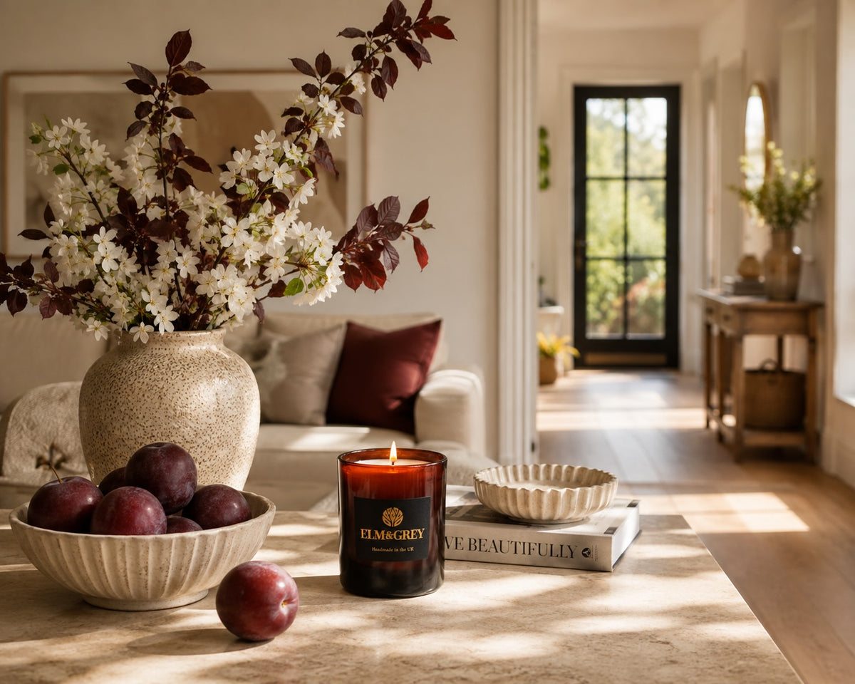 Elm & Grey Black Plum & Rhubarb candle in a bright welcoming kitchen and living space