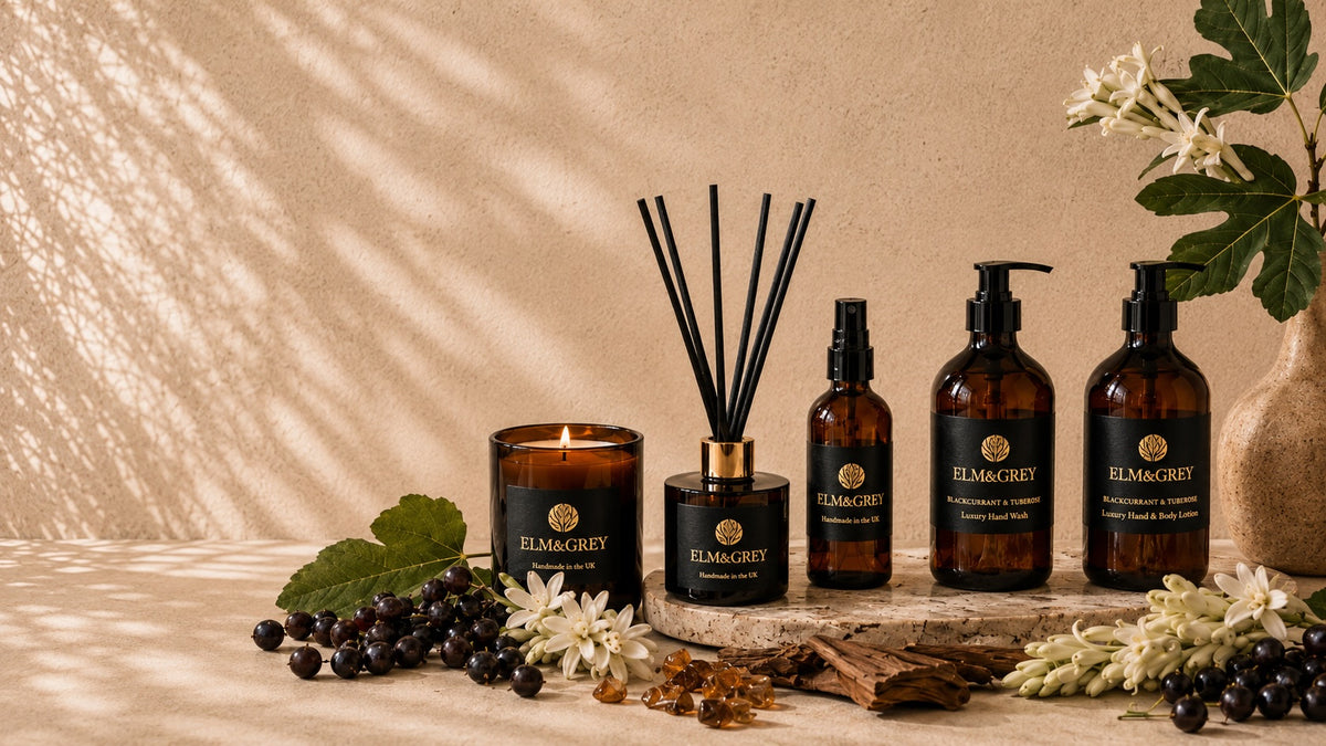 Elm & Grey Blackcurrant & Tuberose luxury home fragrance collection with candle, reed diffuser, room spray and hand care
