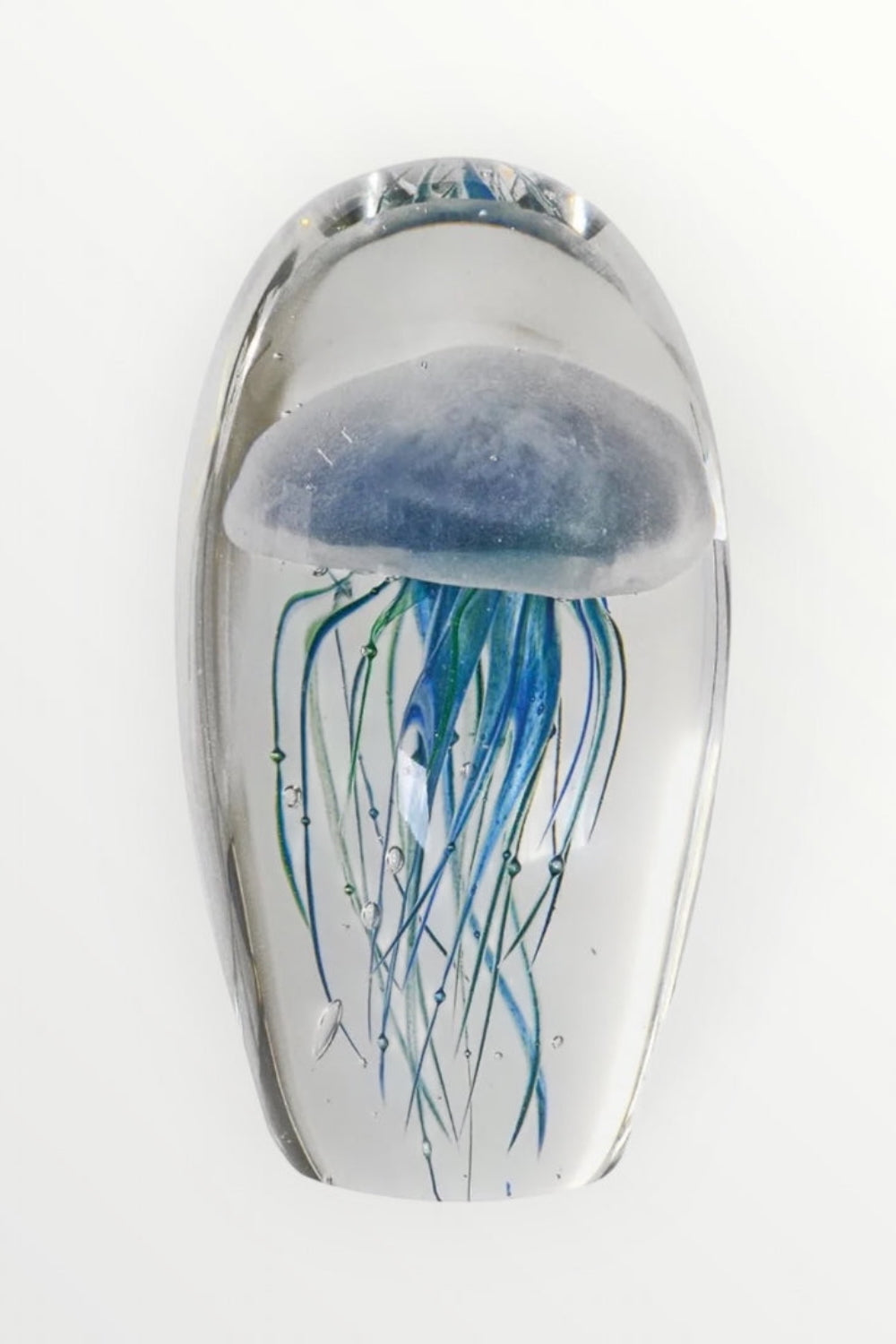 Decorative blue and green jellyfish paperweight in clear glass, Elm & Grey.
