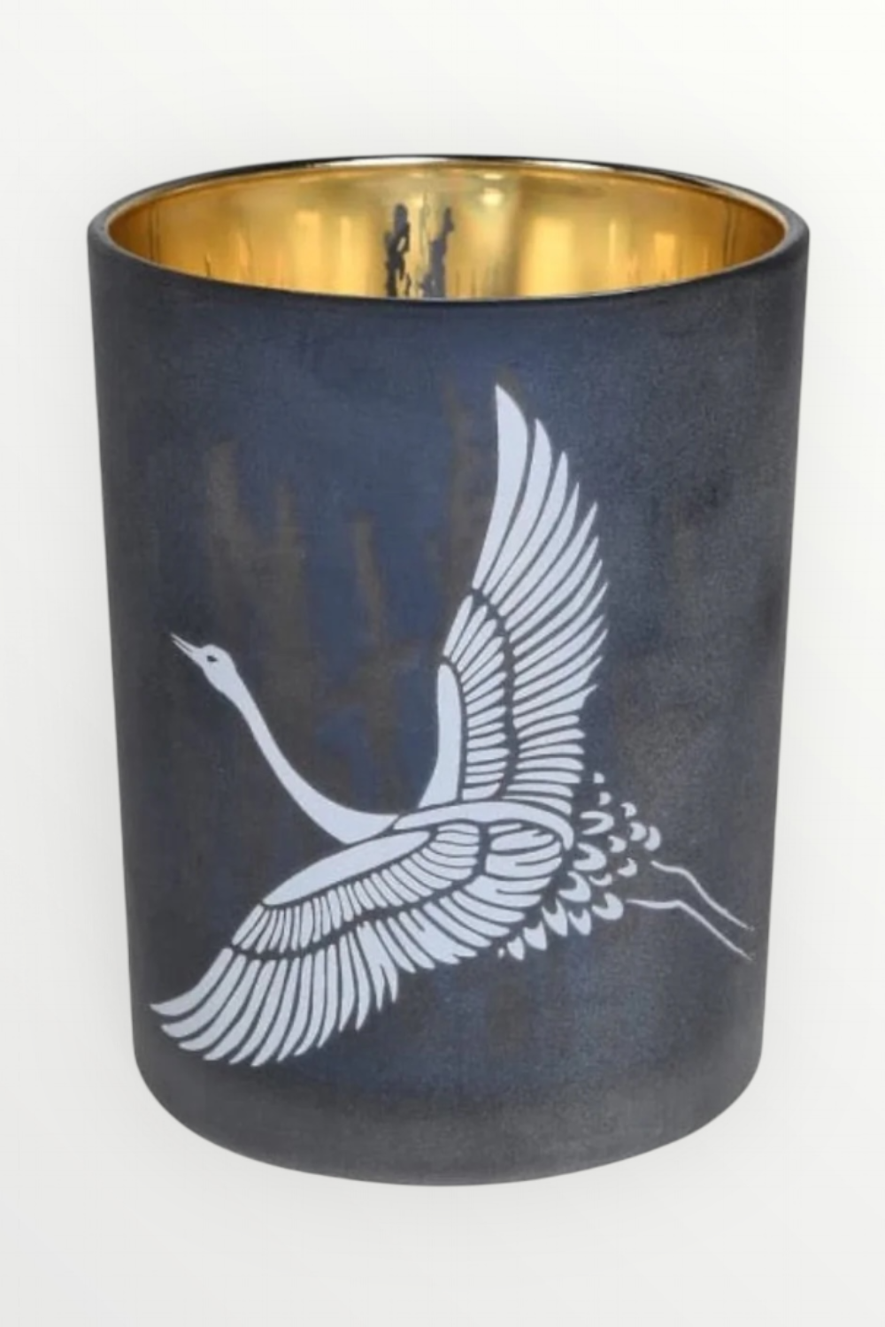 Candle Holder decorated with a white crane on a blue background with a gold interior