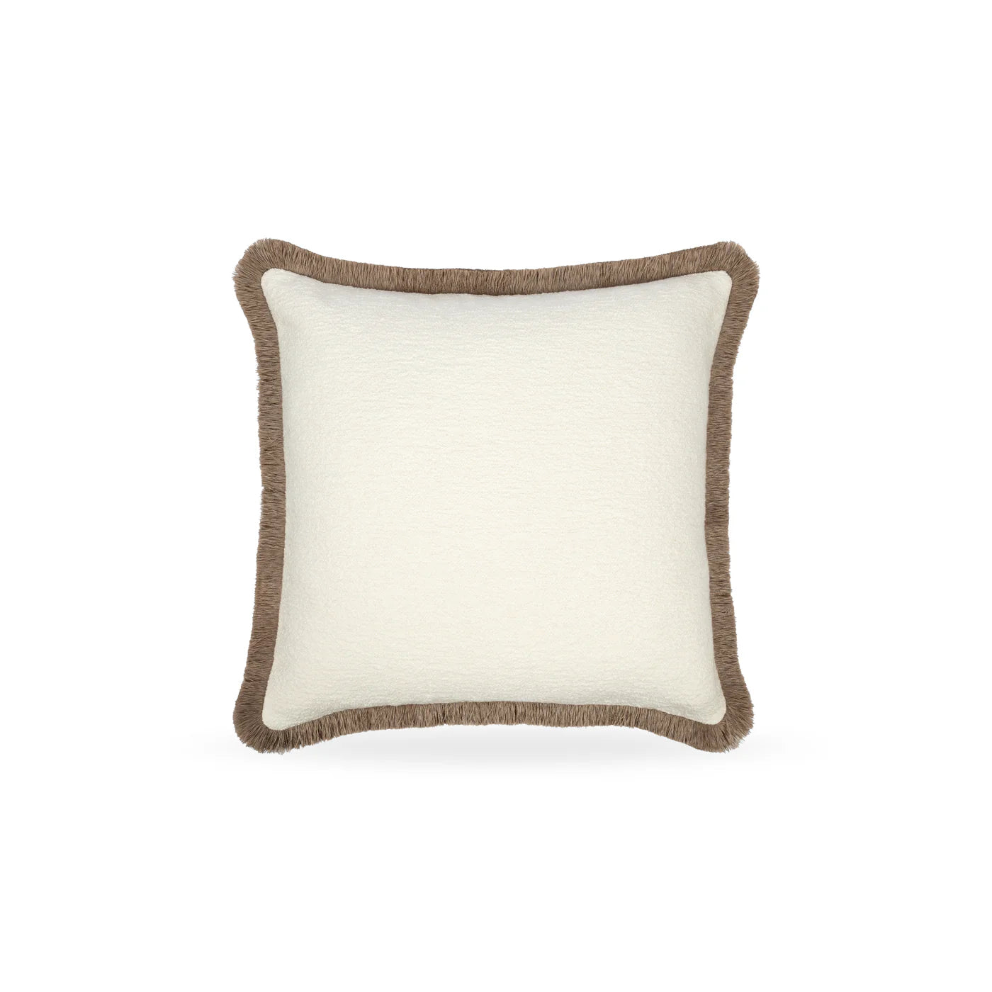 Boucle cushion with mushroom trim on a white background