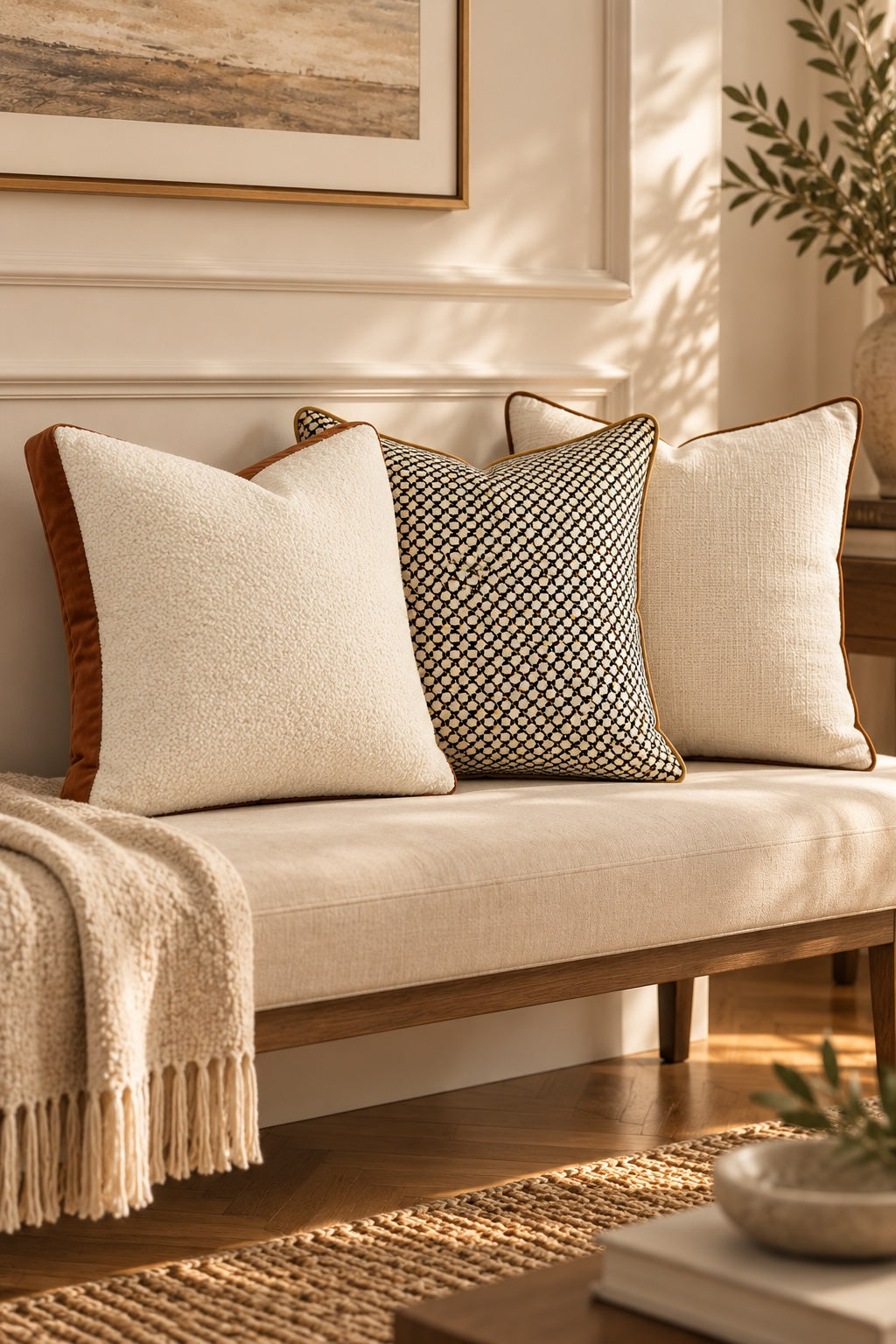 Bouclé Onyx and Pearl curated cushion trio in cream black beige and warm neutral tones