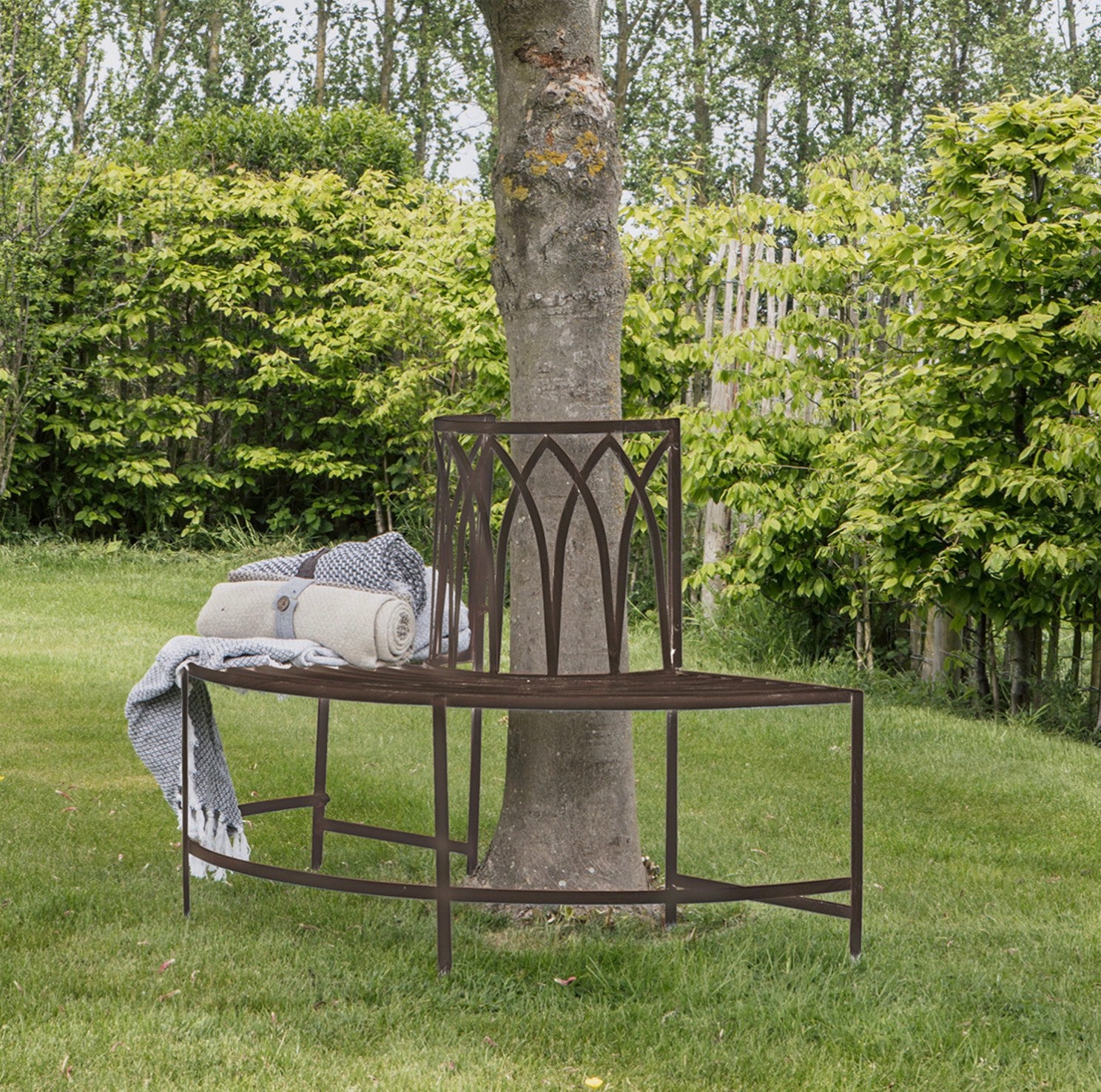 Distressed Brown Iron Half Tree Bench | Rustic Garden Seat