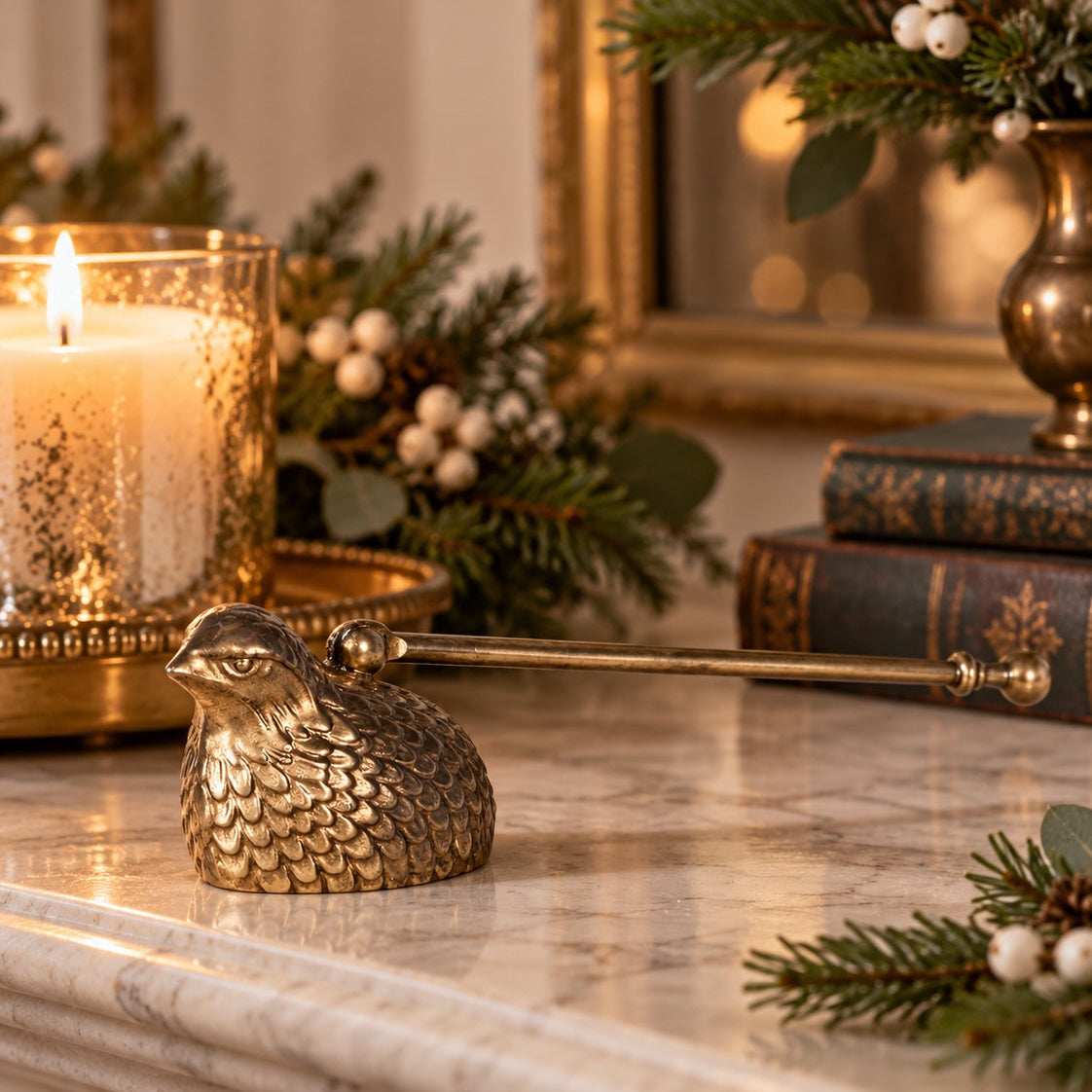 A decorative brass fireplace poker shaped like a bird, resting on a marble mantel in a warm holiday setting with a lit candle, books, and evergreen branches.