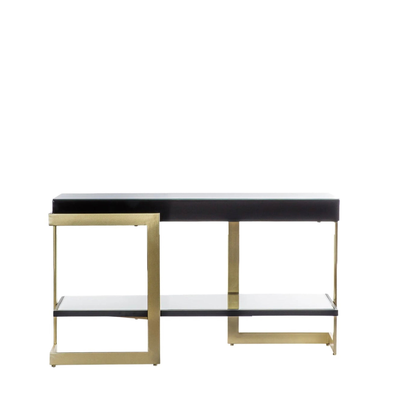 Modern coffee table with black top and gold legs on a white background