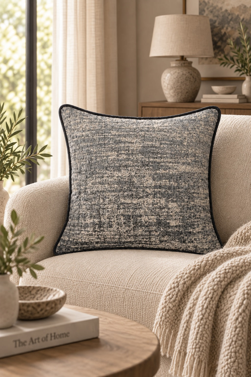 Blue-grey velvet cushion styled on a cream sofa in a calm Scandinavian-style living room, with soft natural light, warm wood accents and neutral layered textures.