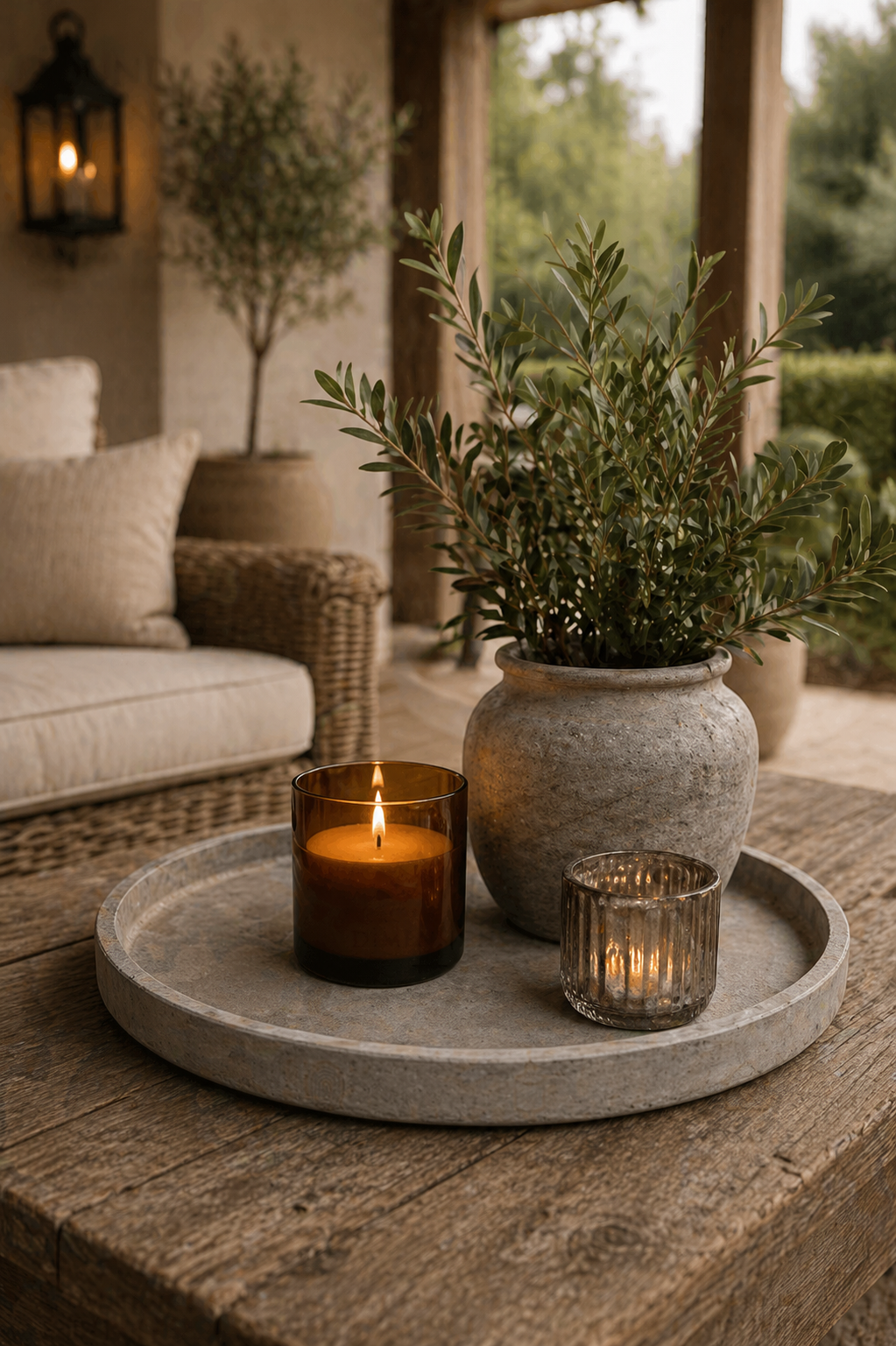 Candlelit scene with a stone tray, potted plant, and candles on a wooden surface outdoors.