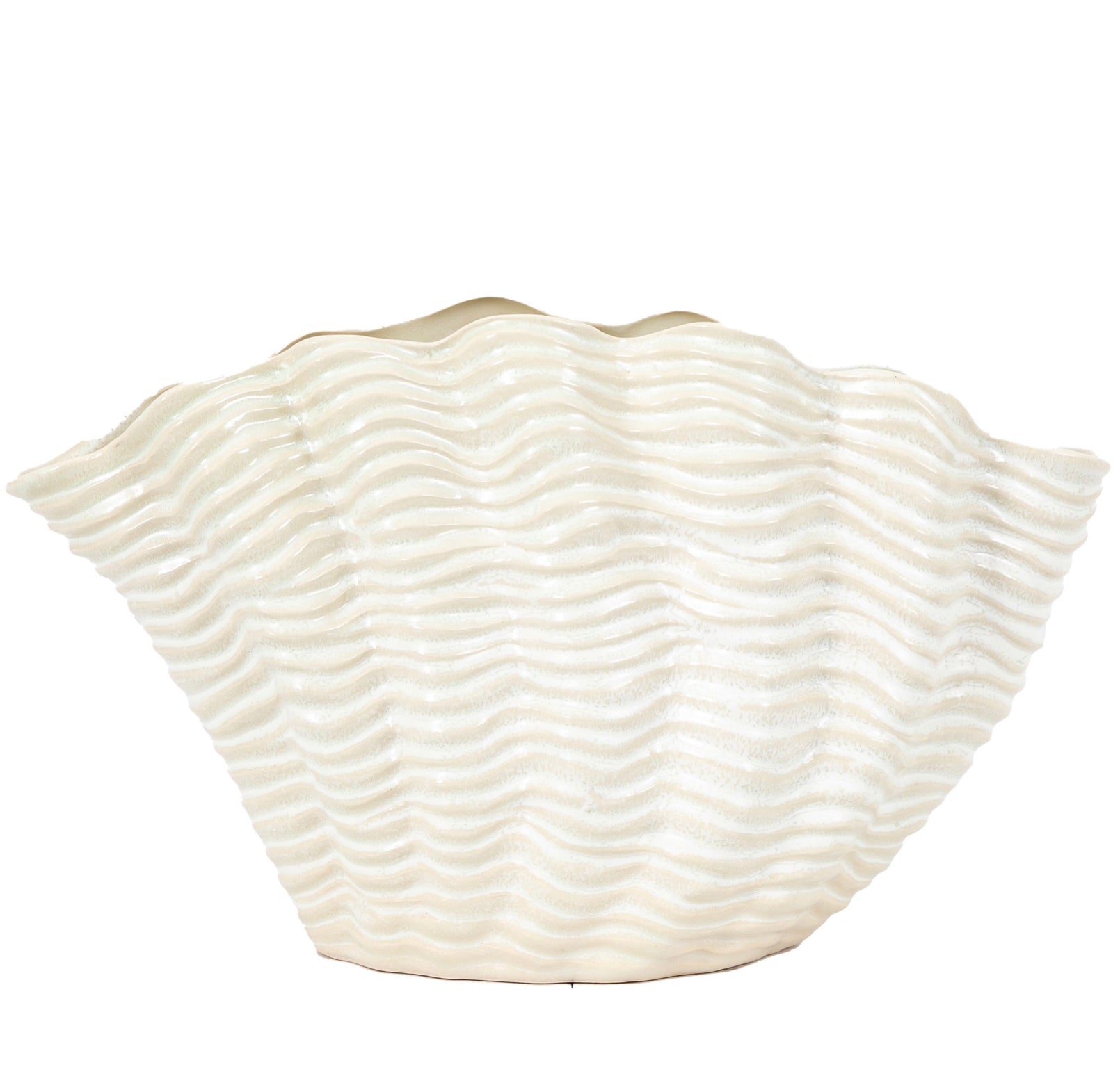 White ceramic vase with wavy texture on a white background