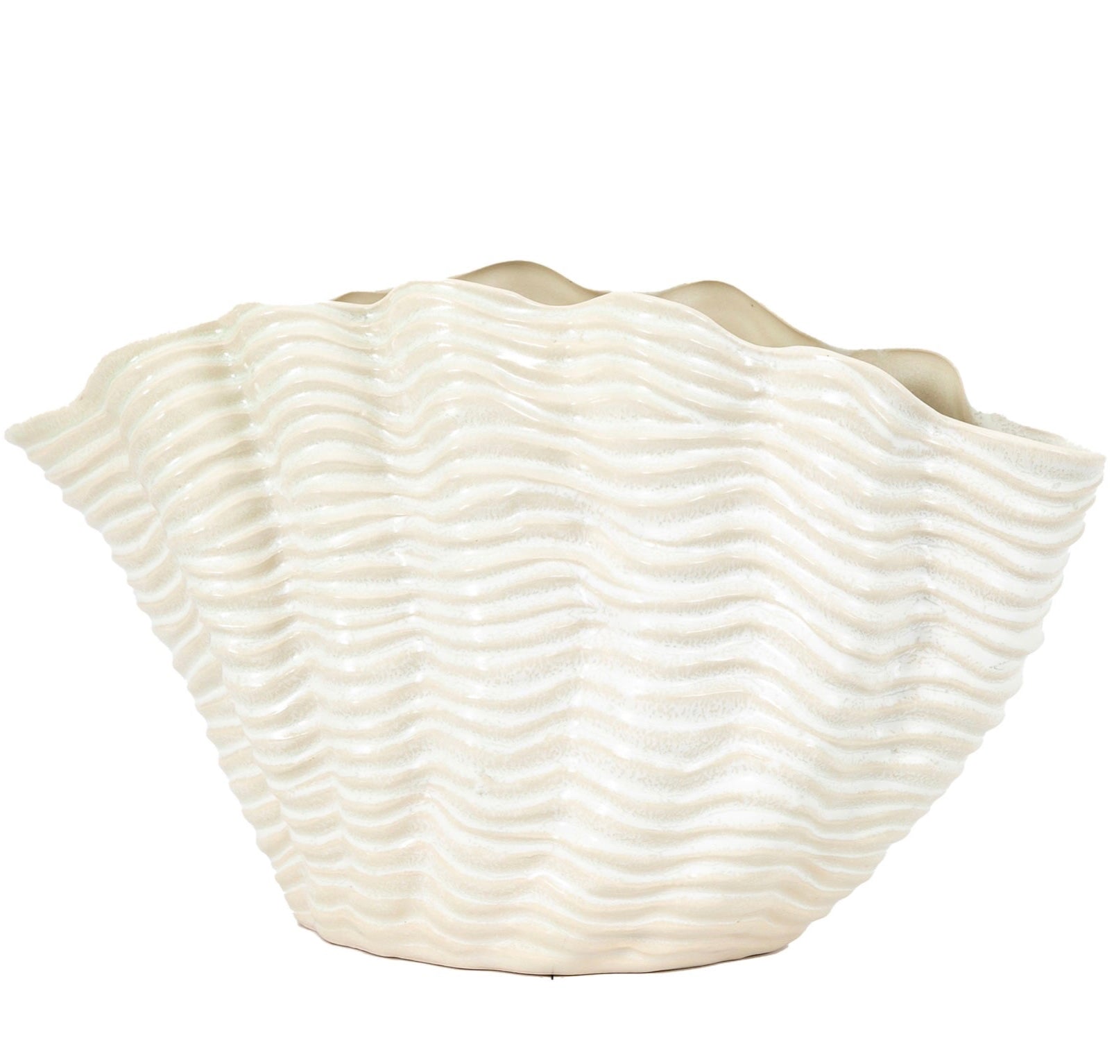 White ceramic clam vase with wavy texture on a white background