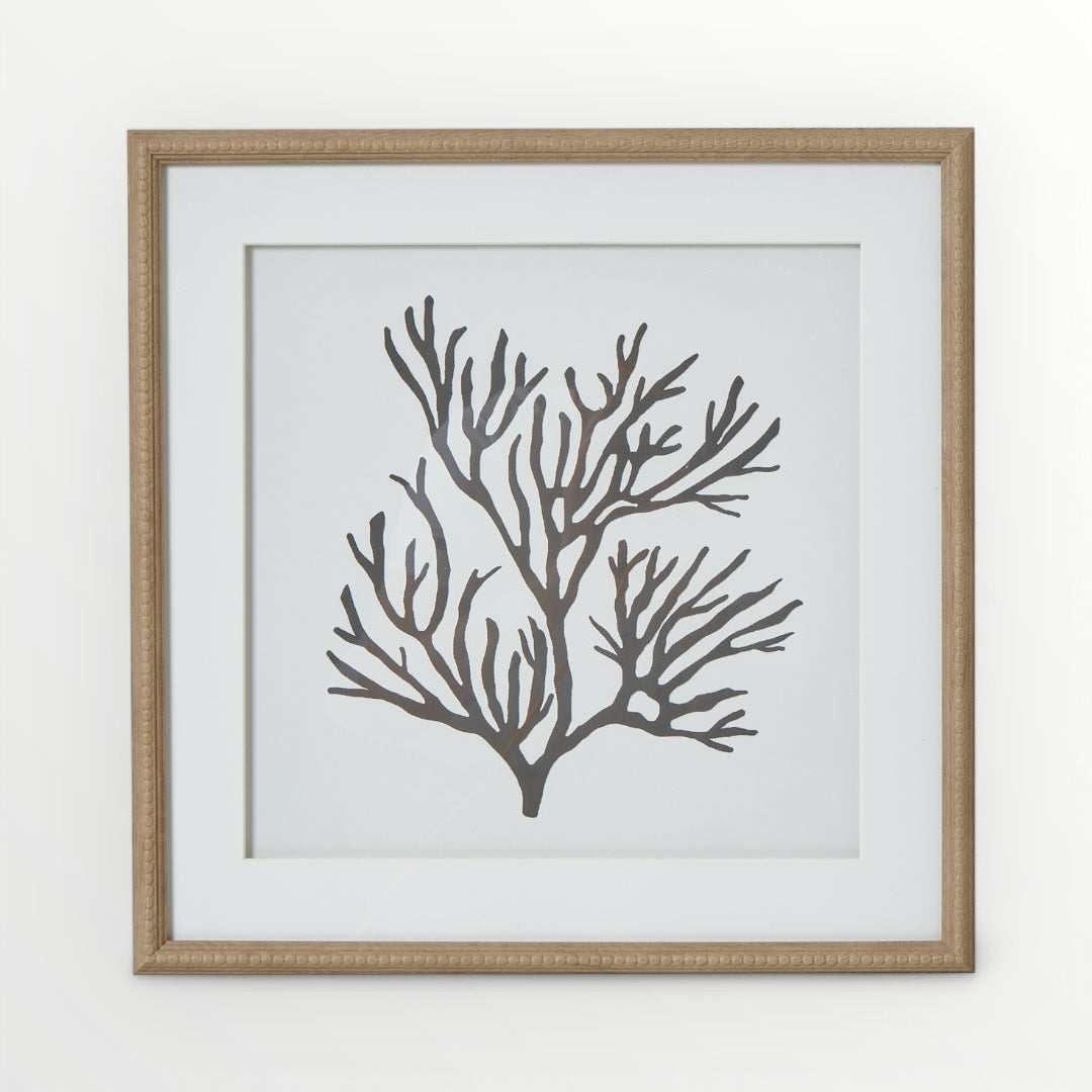 Framed artwork of a black coral branch on a white background, Elm & Grey.