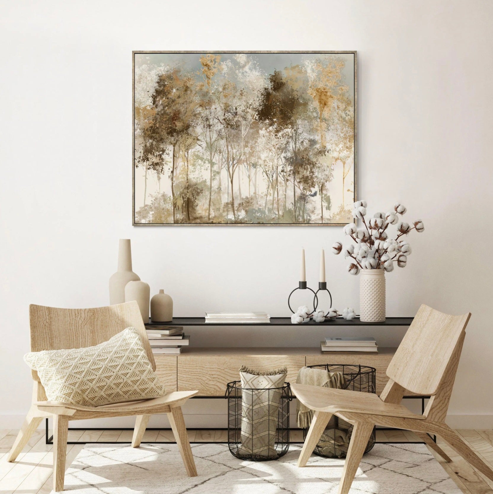 Modern living room with wooden chairs, a console table, and abstract wall art.