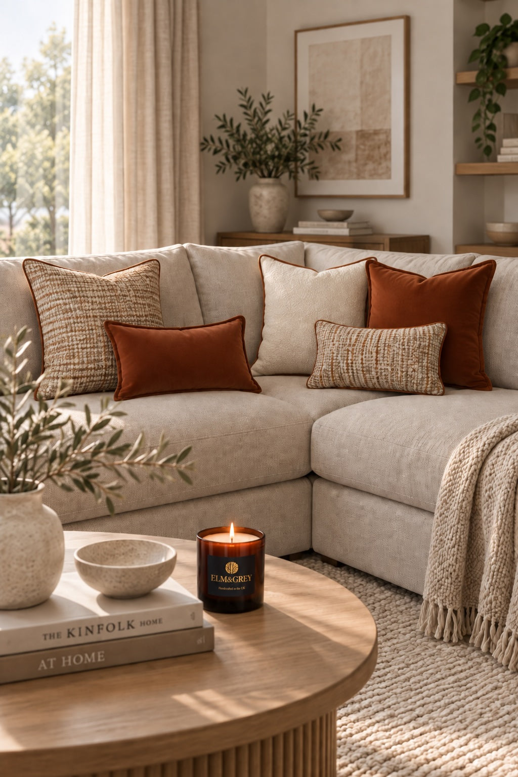 Carnelian and Citrine five-piece corner sofa cushion edit with cream bouclé, velvet and lumbar cushions
