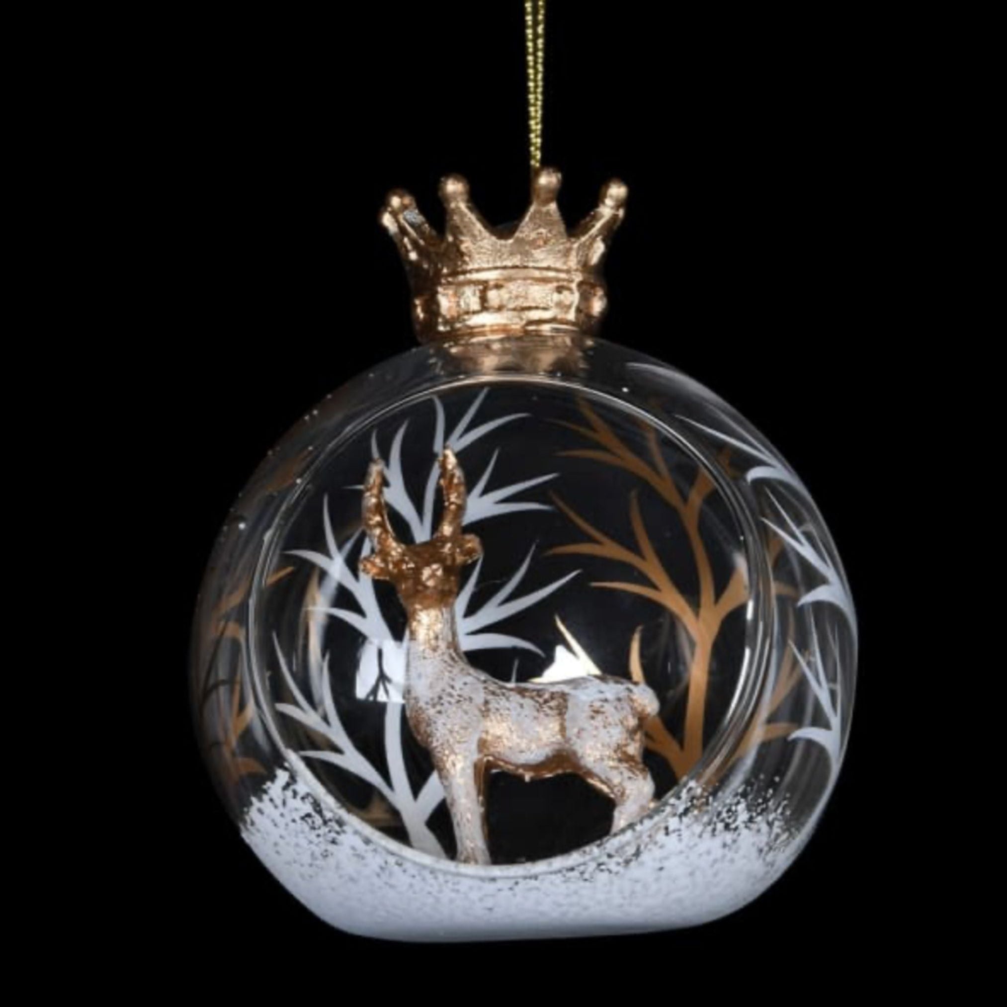 Add luxury woodland charm with this glass bauble featuring a crowned stag motif