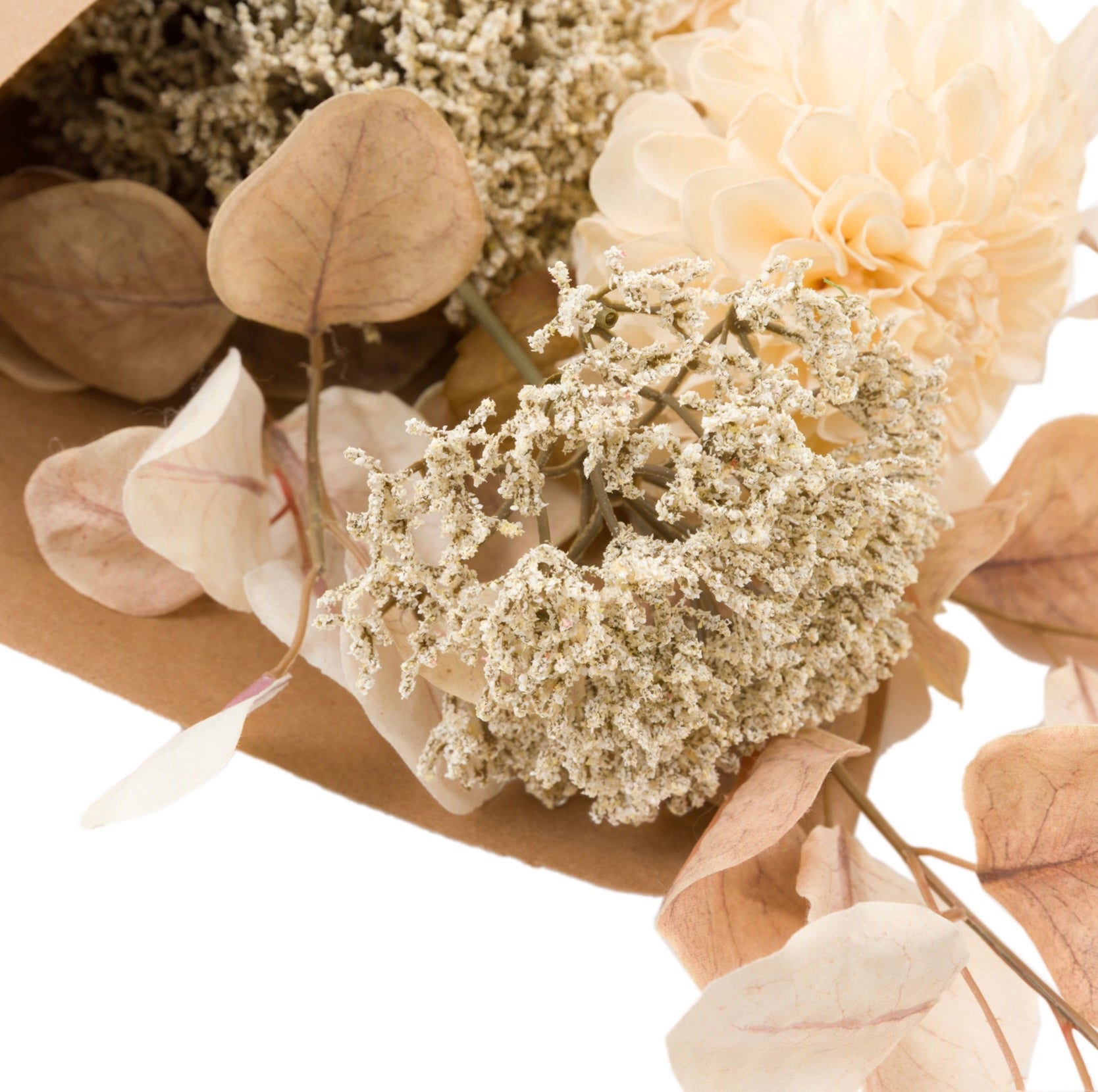 Bouquet of flowers wrapped in brown paper with 'Flower Market' label on a white background